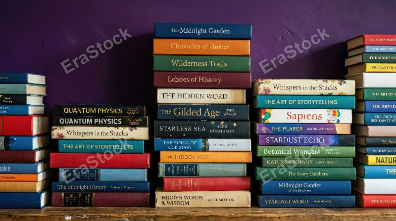 A colorful collection of books arranged on a purple background, crisp covers, stacked variety and a vibrant studious mood, ultra-realistic, no logos.