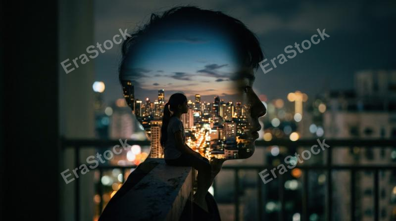 A poetic double-exposure scene of a girl's silhouette seated before a cityscape within a boy's profile, layered urban lights, introspective mood, soft cinematic glow, ultra-realistic, no logos.