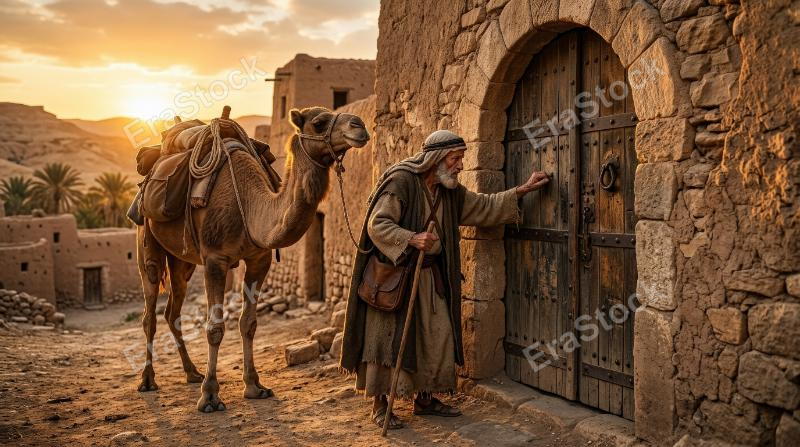 An old man with a camel knocking on an ancient wooden door at sunset, biblical historical scene, weathered stone walls, golden desert light, contemplative parable-like atmosphere, ultra-realistic, no