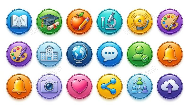 A refined education and social media icon set for school and university themes, crisp isolated symbols with polished detail and bright contemporary clarity, ultra-realistic, no logos.