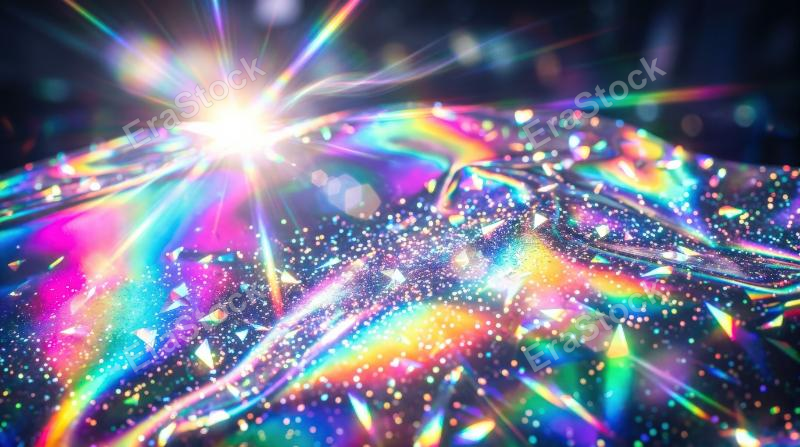 An iridescent rainbow gradient with prism reflections, sparkles, lens flare and silky holographic color transitions, luminous futuristic mood, ultra-realistic, no logos.