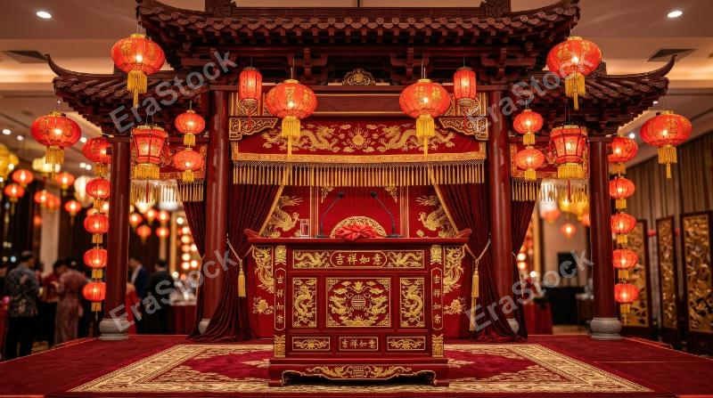 A traditional Chinese red podium with torii-inspired backdrop, lanterns and golden tassels, rich festive elegance, ultra-realistic, no logos.
