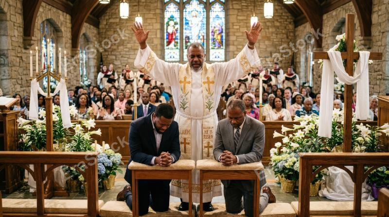 A pastor praying over two men in church during Easter service, hands raised in blessing, warm sanctuary light and a sacred communal atmosphere, ultra-realistic, no logos.