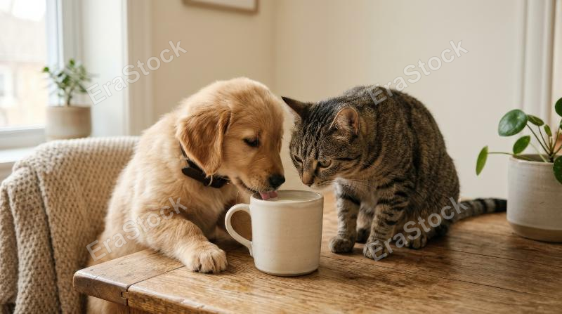 A dog and cat sharing a cup in a minimal cozy scene, gentle companionship, soft domestic atmosphere, ultra-realistic, no logos.
