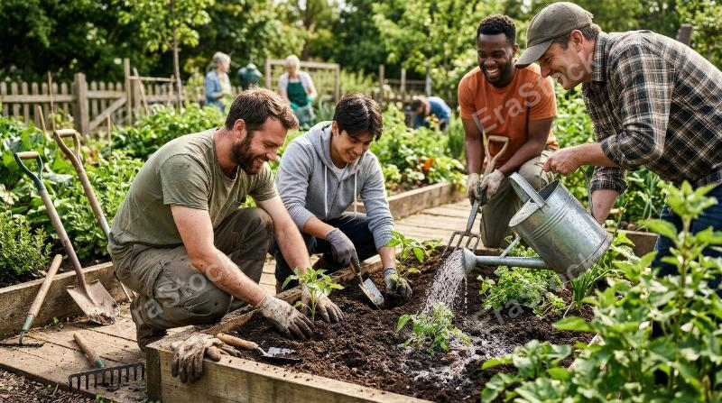 Male friends planting and watering greenery together, rich soil, garden tools, shared teamwork, fresh outdoor light, wholesome community spirit, ultra-realistic, no logos.