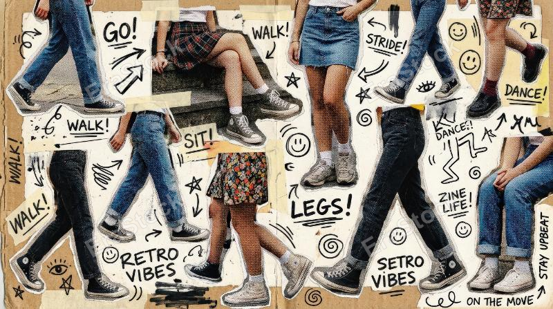 A halftone collage set of walking, sitting and standing legs in jeans, skirts and sneakers, torn paper edges, funny doodles and lively retro mixed-media attitude, ultra-realistic, no logos.
