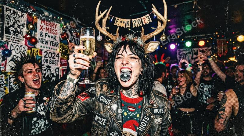 A gritty Christmas and New Year set with champagne toast disco ball mouth and deer antlers, stippled punk collage texture, festive rebellious mood, ultra-realistic, no logos.
