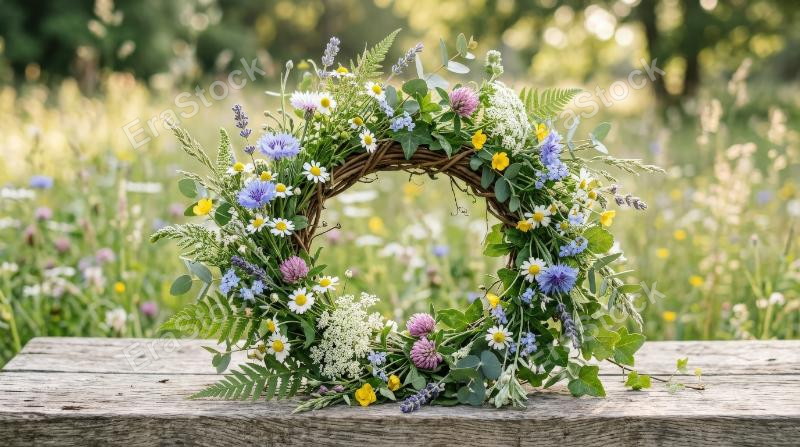 A floral wreath of gentle wildflowers and green foliage, soft meadow detail and graceful natural light, ultra-realistic, no logos.