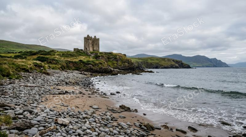 A sandy beach strewn with smooth stones and Minard Castle rising in the background on the Dingle Peninsula, windswept Irish coastline under soft overcast light, rugged textures and moody Atlantic