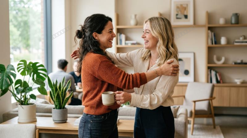 Two women greeting each other during a casual meeting, genuine smiles, relaxed body language, modern interior with soft daylight and clean neutral tones, friendly welcoming atmosphere,