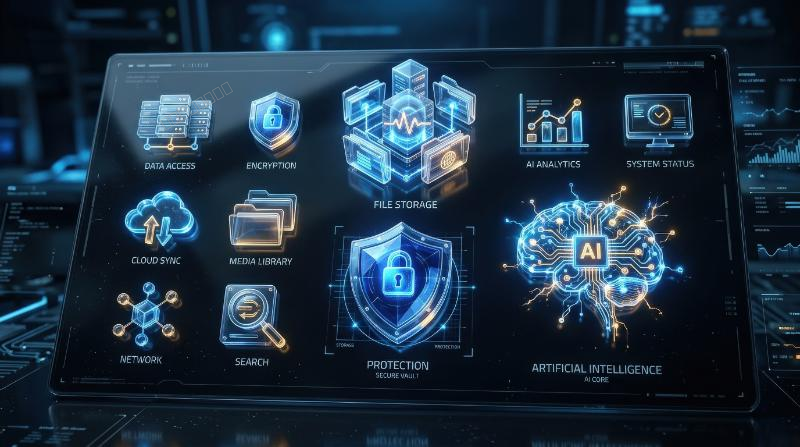 A crystal-clear digital media icon set with file storage, protection, and artificial intelligence symbols, glossy futuristic interface mood, ultra-realistic, no logos.