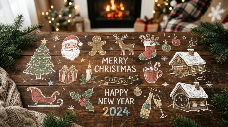 Retro Christmas and New Year icons in doodle sketch style, cozy winter motifs with chalky texture and a festive nostalgic holiday mood, ultra-realistic, no logos.
