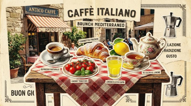 An Italian brunch halftone collage with coffee, lemon, limoncello glass, croissant, tomato and tea, cutout vintage café styling with warm Mediterranean breakfast mood, ultra-realistic, no logos.