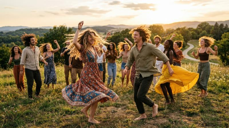 People dancing outdoors in open air, free movement, wind through hair and clothing, natural light and spontaneous energy, carefree vibrant atmosphere, ultra-realistic, no logos.