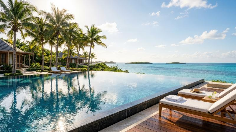 A luxury infinity pool reflecting sunlight and tropical palm trees, overlooking a tranquil ocean in a paradise resort setting, polished surfaces and serene vacation opulence, ultra-realistic, no