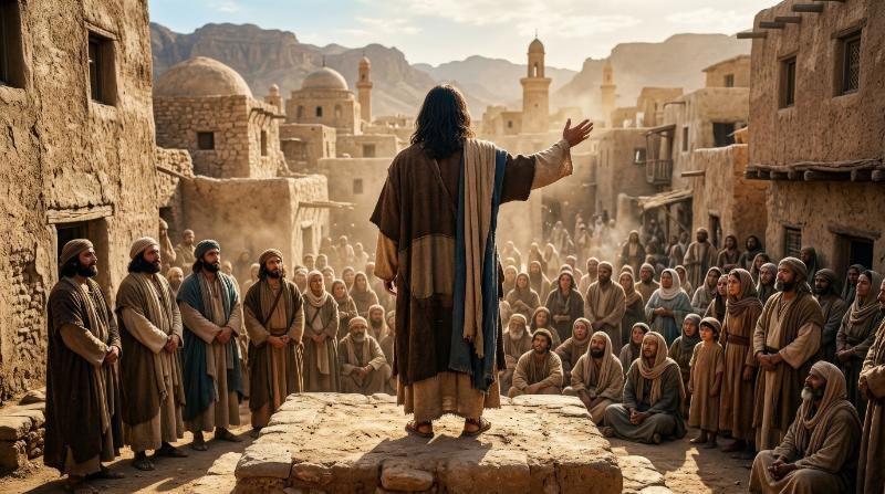 A man seen from behind with long hair standing in a desert village addressing a crowd, disciples nearby, ancient buildings, sunlit dust, sacred teaching atmosphere, ultra-realistic, no logos.