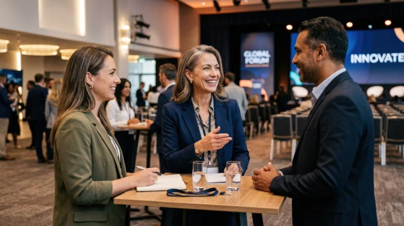 A happy mature businesswoman discussing with colleagues at a seminar in a convention center, elegant event lighting, engaged conversation, confident professional mood, ultra-realistic, no logos.