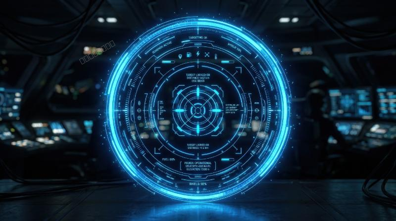 A circular HUD technology display ring with glowing blue scanner frame, digital control accents and clean futuristic symmetry, ultra-realistic, no logos.