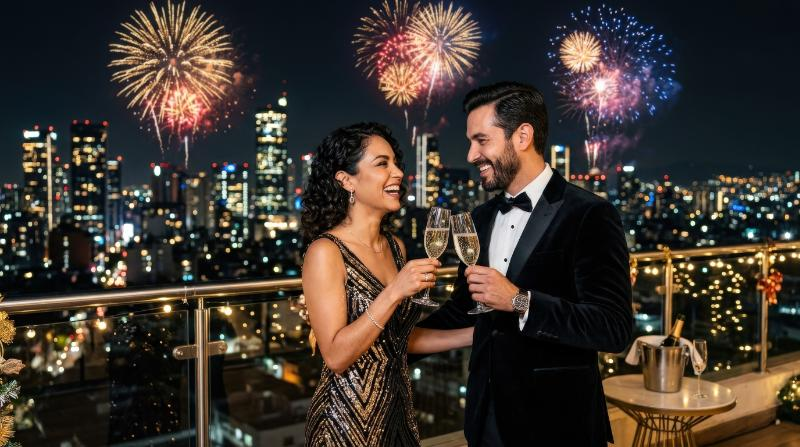 A happy Latin couple toasting champagne together on New Year’s night, city lights and fireworks behind them, stylish evening attire, romantic celebratory mood, luminous night atmosphere,