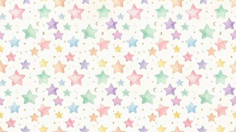 A seamless watercolor star pattern in pastel tones, cute dreamy nursery design with gentle festive sparkle, ultra-realistic, no logos.
