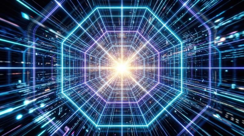 A futuristic grid tunnel with a radiant light burst at the center, high-speed data-flow perspective and immersive virtual depth, ultra-realistic, no logos.