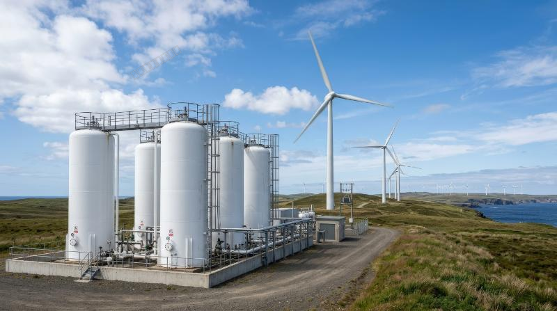 Hydrogen storage tanks standing beside wind turbines, clean renewable energy infrastructure under open sky, sleek industrial sustainability mood, ultra-realistic, no logos.