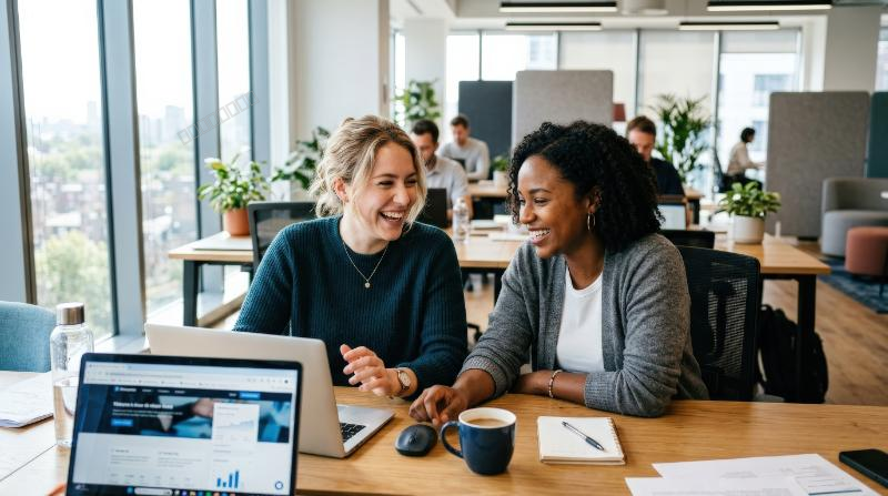 Two women laughing and using a laptop in a bright office, open workspace, soft reflections on the desk, lively natural light and easy camaraderie, ultra-realistic, no logos.