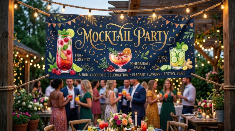 A festive mocktail party banner with elegant lettering, colorful drinks, playful decorative accents and a chic celebratory feel, ultra-realistic, no logos.