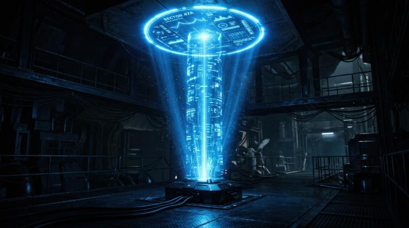 A blue HUD spotlight beam rising like a projection, futuristic glow and clean sci-fi illumination in darkness, ultra-realistic, no logos.