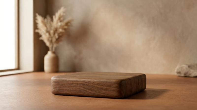 A minimal brown podium scene for product presentation, smooth surfaces, warm earthy tones, clean premium backdrop, ultra-realistic, no logos.