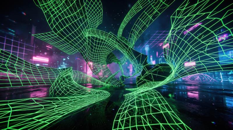A set of distorted neon green wireframe grids, futuristic warped geometry and vaporwave energy with a glossy late-90s digital mood, ultra-realistic, no logos.