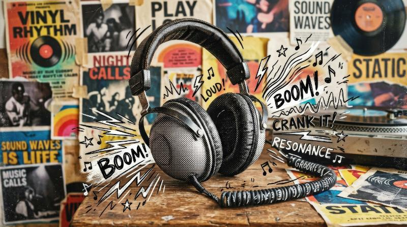 Vintage halftone headphones with doodled sound accents, modern retro music collage styling, energetic audio-inspired mood with gritty charm, ultra-realistic, no logos.