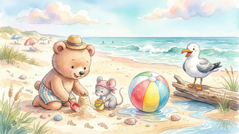 A summer watercolor set with a cute bear, little mouse, seagull, and beach ball, playful seaside energy, pastel tones, sweet childish atmosphere, ultra-realistic, no logos.