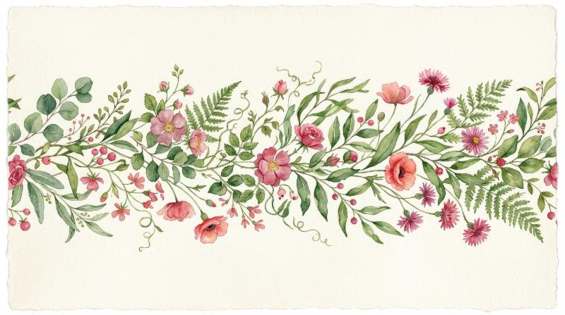 A watercolor midsummer seamless border with delicate leaves and pink-red flowers, hand-painted botanical frame with gentle seasonal warmth, charming invitation mood, ultra-realistic, no logos.