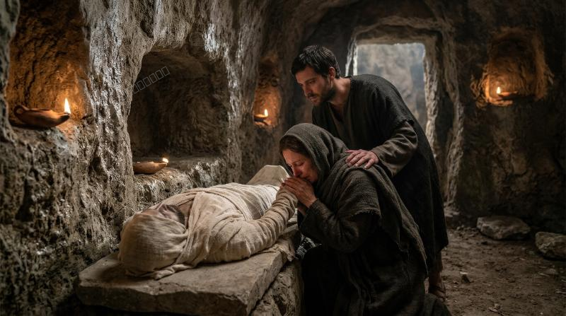 A woman and man mourning over the body of Jesus in a cave tomb, linen cloth, rock-hewn walls and sorrowful devotion under dim sacred light, solemn burial scene, ultra-realistic, no logos.