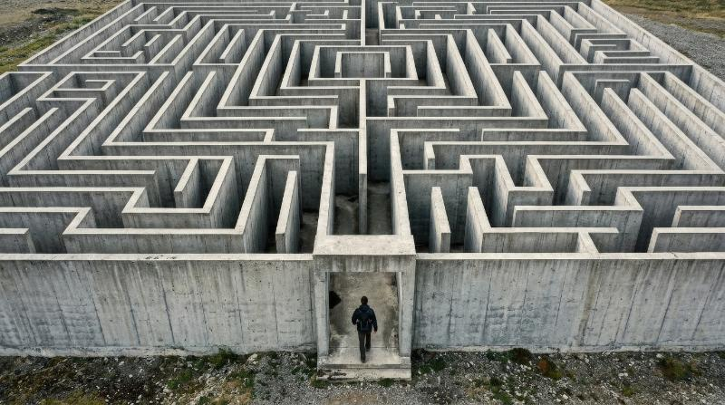 Top view of a man entering a vast concrete maze, sharp corridors and dead ends, stark geometry, soft overhead light, symbol of challenge confusion and life journey, tense conceptual atmosphere,
