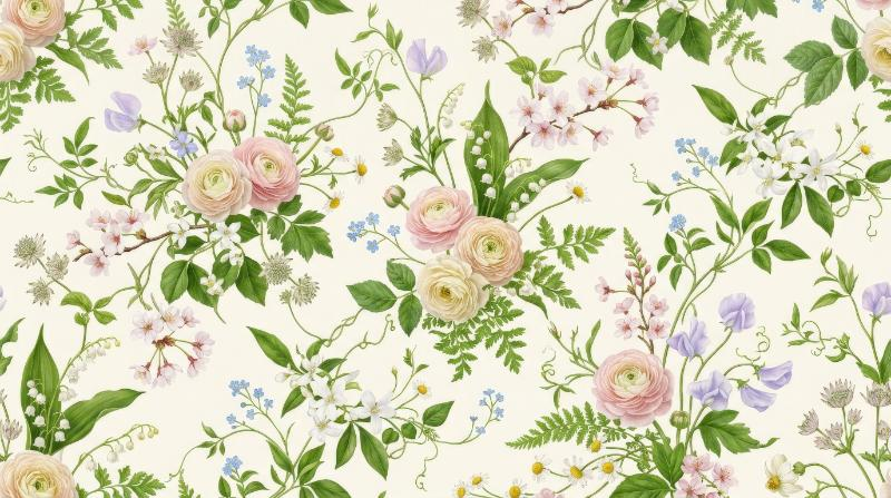 A seamless floral pattern with delicate spring flowers and green leaves, fresh natural detail and calm feminine atmosphere, ultra-realistic, no logos.