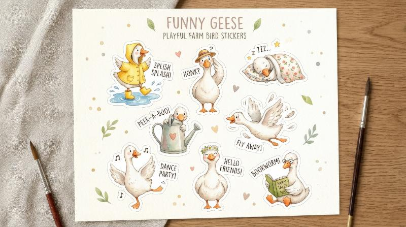A cute goose sticker set with funny farm bird poses, soft watercolor texture and playful nursery energy, ultra-realistic, no logos.