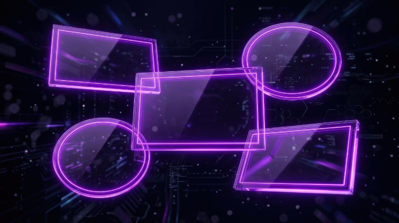 A set of glowing purple glass frames on a dark background, luminous rectangular and oval borders, sleek neon reflections, futuristic digital atmosphere, ultra-realistic, no logos.
