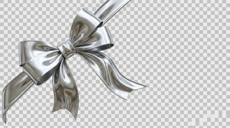 A silver chrome corner ribbon bow, isolated on transparent background, polished metallic sheen, elegant folded loops, refined coquette accent mood, ultra-realistic, no logos.