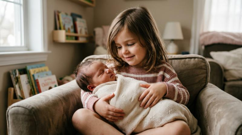 A young girl holding her newborn sister, tender sibling closeness, gentle indoor light and soft emotional warmth, ultra-realistic, no logos.