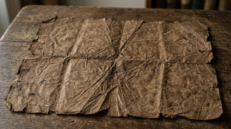 Vintage brown crumpled paper with folded creases, parchment texture, warm earthy tones and subtle age marks, rustic archival atmosphere, ultra-realistic, no logos.