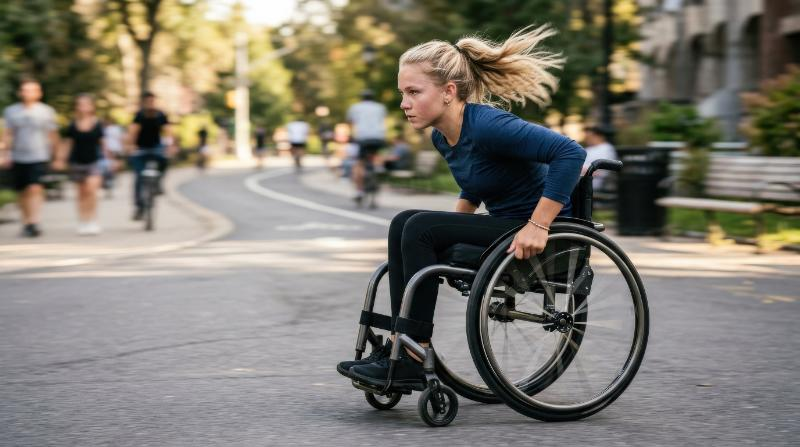 A teenage girl with blonde hair moving quickly in a wheelchair, determined expression, dynamic motion and empowering modern character portrait, ultra-realistic, no logos.