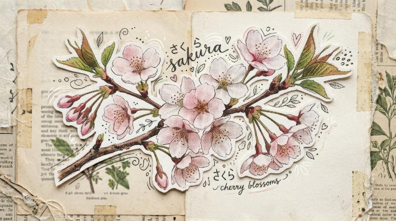 A cherry blossom branch cutout with halftone dots and doodle accents, delicate sakura mood, soft spring elegance with nostalgic collage texture, ultra-realistic, no logos.