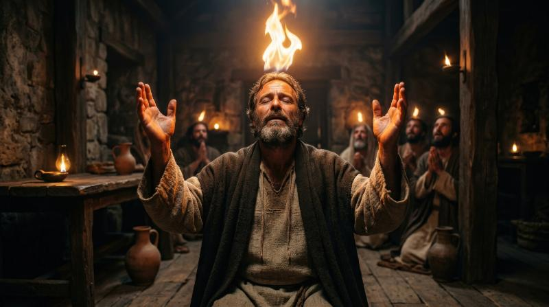 An apostle praying with flames above his head during Pentecost, uplifted hands, ancient upper room, radiant firelight and sacred awe of the Holy Spirit, ultra-realistic, no logos.