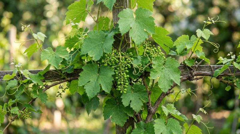 Common grape vine with broad leaves and curling tendrils, isolated frontal botanical set in clean natural light, lush and fertile, ultra-realistic, no logos.