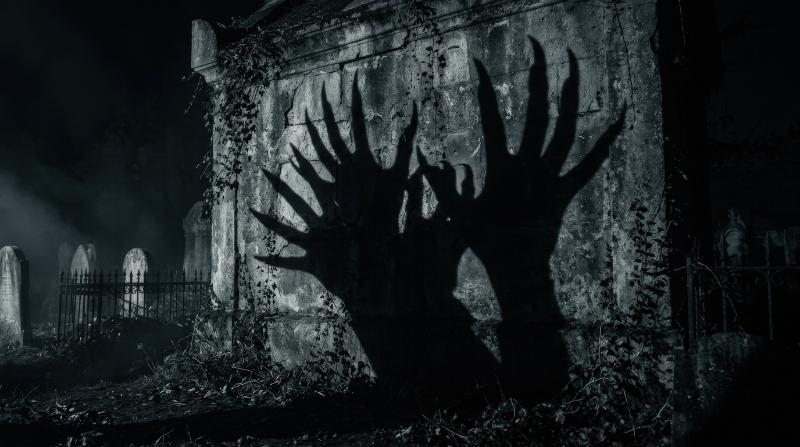 Terrifying shadow hands with long nails rising in silhouette, graveyard-inspired darkness, eerie claw shapes and stark wall projection, chilling Halloween mood, ultra-realistic, no logos.