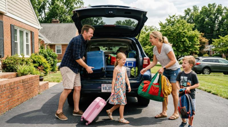 A family packing luggage into an open car for a holiday road trip, parents and kids loading bags, excited travel atmosphere, ultra-realistic, no logos.