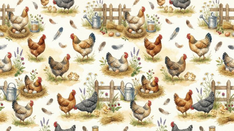 Watercolor chicken farm pattern with hens, feathers and rustic country details, seamless pastoral repeat in a cozy farmhouse mood, ultra-realistic, no logos.