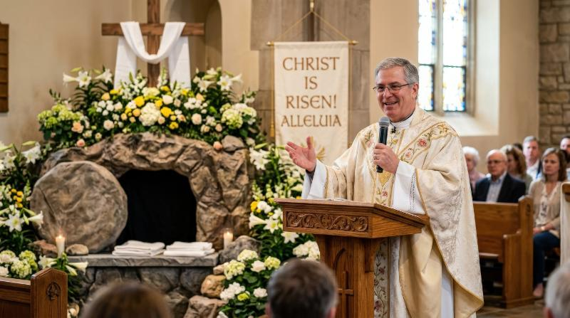 A Caucasian priest speaking into a microphone during Easter service, empty tomb decoration nearby, floral accents and a hopeful sermon atmosphere, ultra-realistic, no logos.